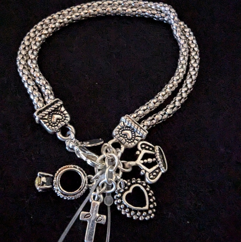 Premier Designs Charm Double Strand Bracelet Silver - Cross Ring Heart charms 7"
